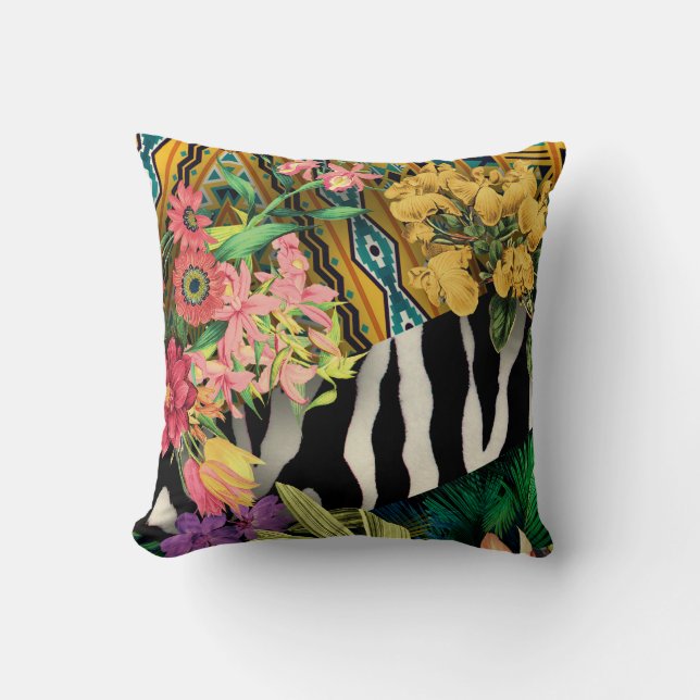 Pink Yellow Floral Zebra Indian Print Pattern Throw Pillow (Front)