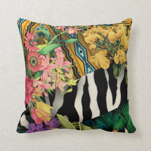 Pink Yellow Floral Zebra Indian Print Pattern Throw Pillow