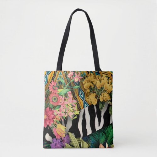 Pink Yellow Floral Zebra Indian Print Pattern Tote Bag