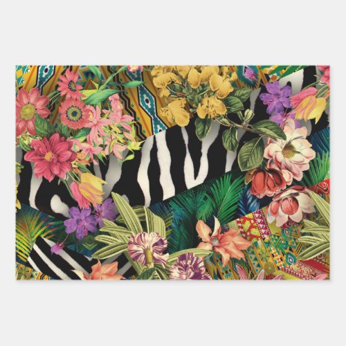 Pink Yellow Floral Zebra Indian Print Pattern Wrapping Paper Sheets