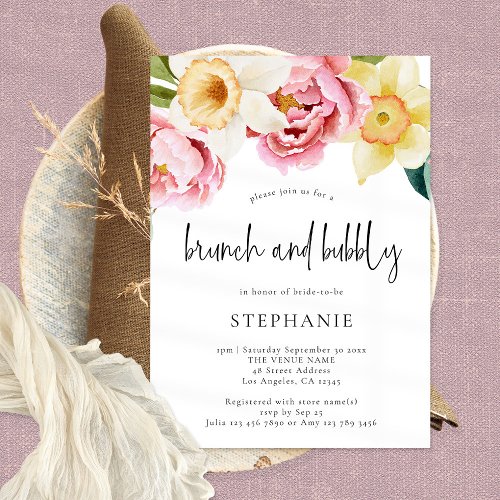 Pink Yellow Florals Brunch Bubbly Bridal Shower Invitation