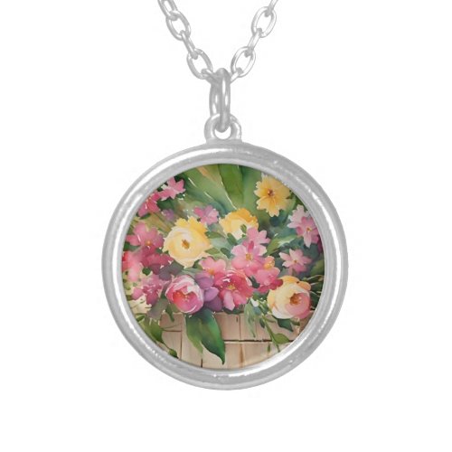 Pink Yellow Flower basket watercolor  Silver Plated Necklace