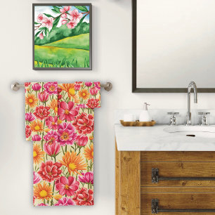 Pink & Yellow Flowers Bathroom Towel Set