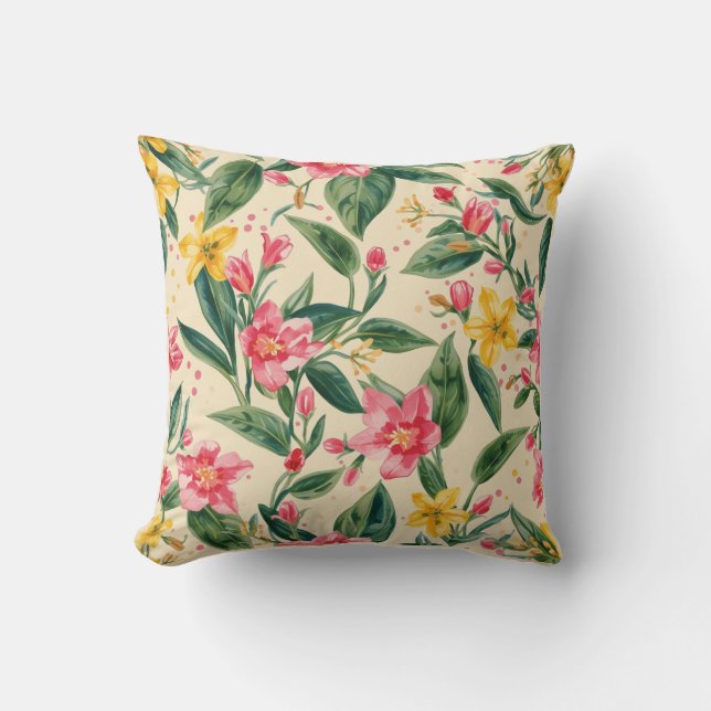 Pink Yellow Flowers, Florals, Blue Stripes Throw Pillow (Front)