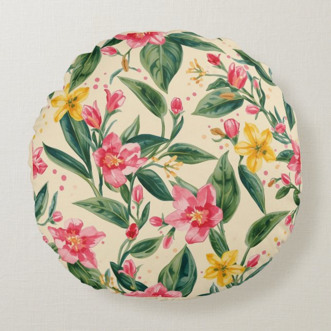 Pink Yellow Flowers, Florals,Yellow Stripes Round Pillow (Front)