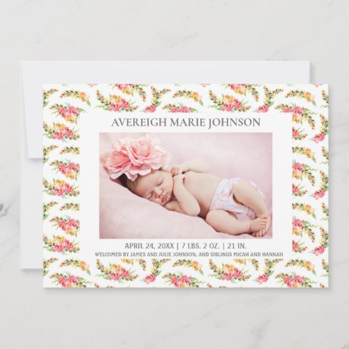 Pink Yellow Flowers Girl Photo Birth Announcement