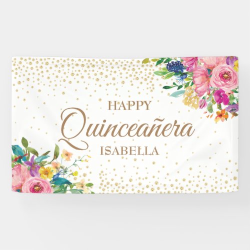 Pink Yellow Flowers Gold Glitter Happy Quinceaera Banner