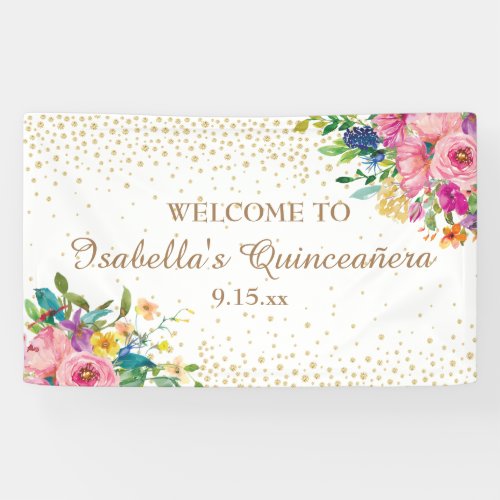 Pink Yellow Flowers Gold Glitter Quinceaera  Bann Banner