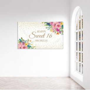 Pink Yellow Flowers Gold Glitter Sweet 16 Banner