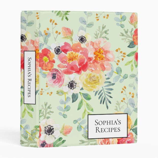 Pink Yellow Flowers Light Green Recipe Mini Binder (Front/Spine)