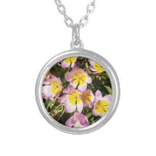 Pink & Yellow Flowers  Silver Plated Necklace