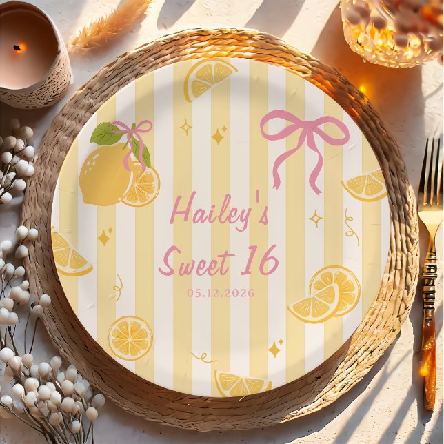Pink Yellow Freshly Lemon Birthday Paper Plates (Creator Uploaded)