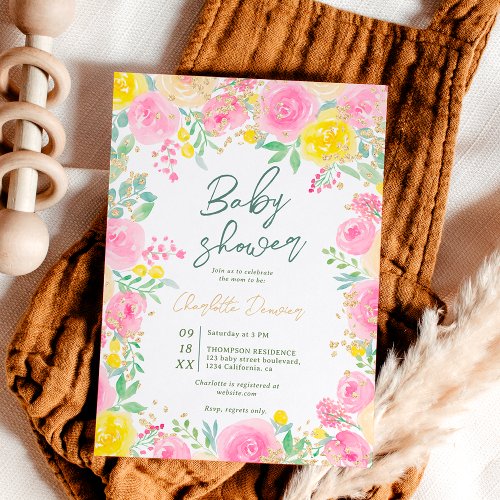 Pink yellow garden floral watercolor baby shower invitation