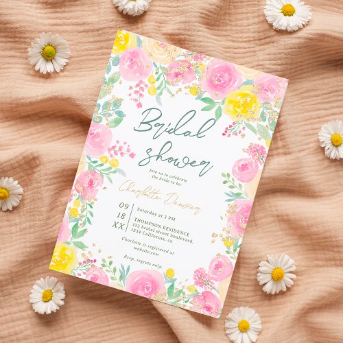 Pink yellow garden floral watercolor bridal shower invitation
