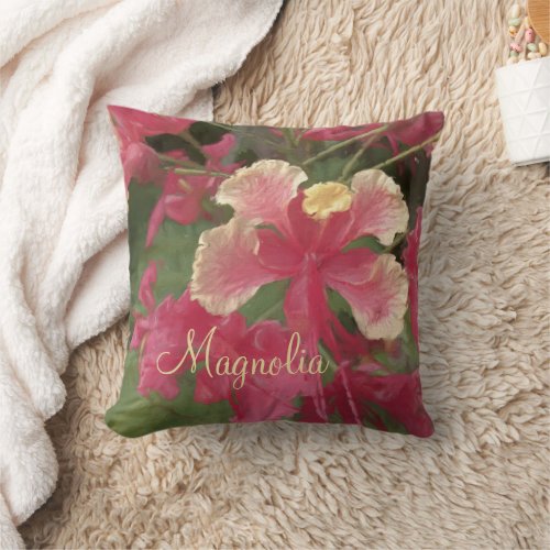 Pink Yellow Garden Flowers Watercolor Throw Pillow