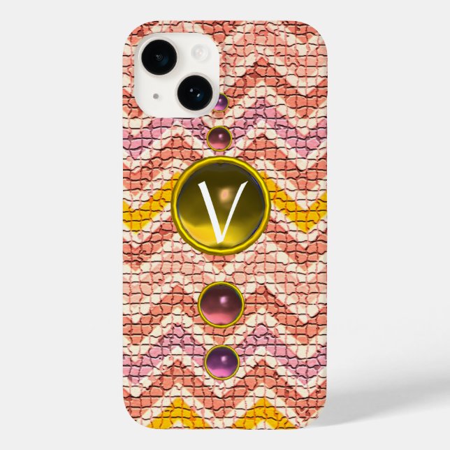 PINK YELLOW GEMSTONES AND MOSAIC CHEVRONS MONOGRAM Case-Mate iPhone CASE (Back)