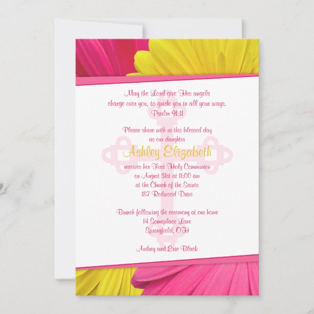 Pink Yellow Gerber Daisy 1st Communion Invitation (Front)