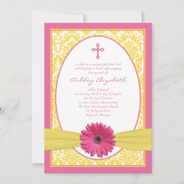 Pink Yellow Gerbera Daisy Baptism Invitation (Front)