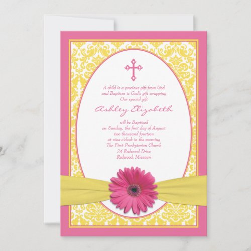 Pink Yellow Gerbera Daisy Baptism Invitation