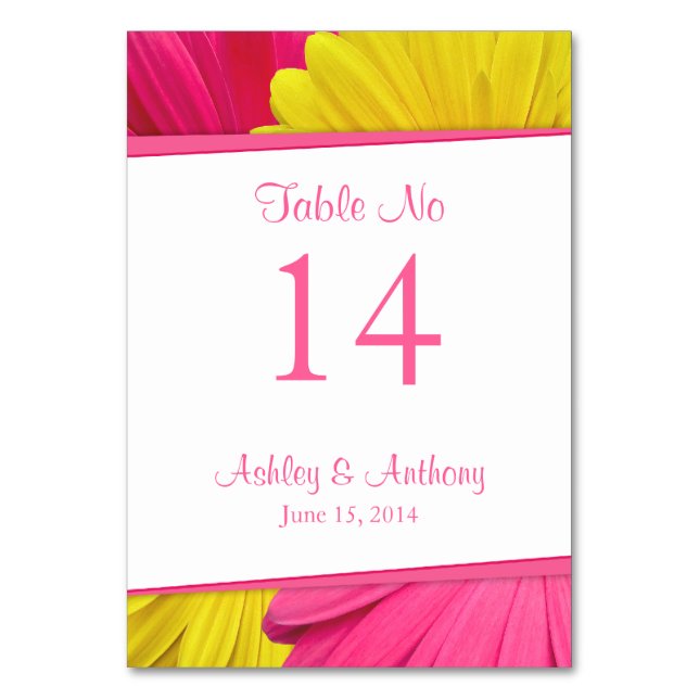 Pink Yellow Gerbera Daisy Flower Wedding Table Number (Front)