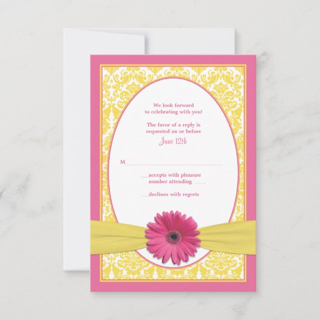 Pink Yellow Gerbera Daisy Wedding Reply Card (Front)
