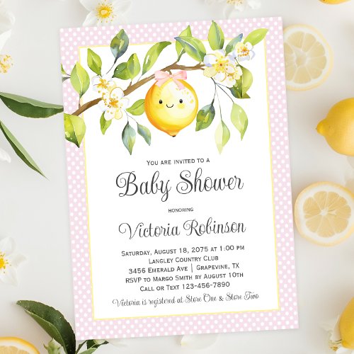 Pink Yellow Girl Lemon Baby Shower Invitation