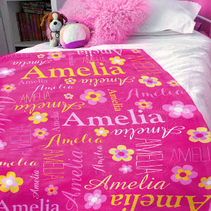 Pink yellow girls name Amelia flower blanket