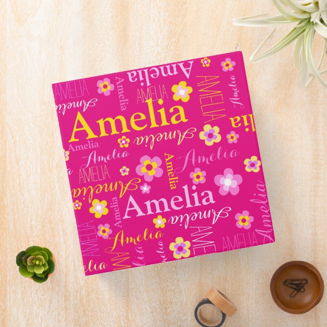 Pink yellow girls name Amelia flower print 3 Ring Binder (In Situ)
