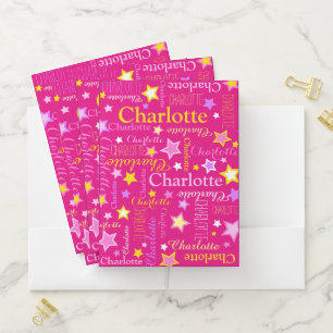 Pink yellow girls name Charlotte stars pattern Pocket Folder