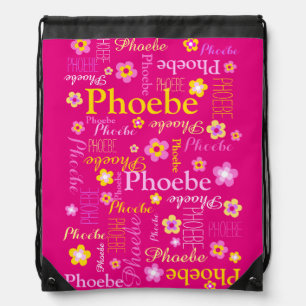 Pink yellow girls name flower graphic drawstring bag