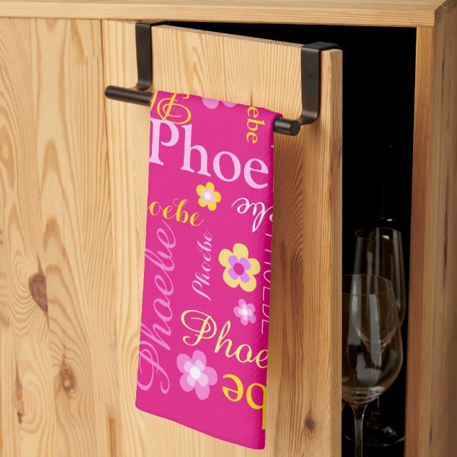 Pink yellow girls name flower graphic kitchen towel (Thirds Fold)