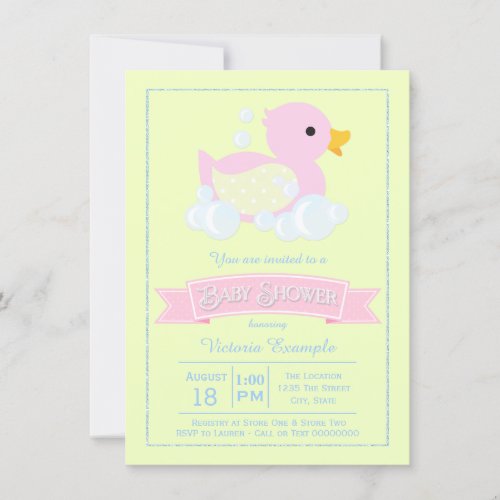 Pink Yellow Girls Pink Rubber Duck Baby Shower Invitation