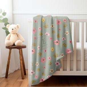 Pink Yellow Girly Pretty Flowers Floral Name Baby Blanket