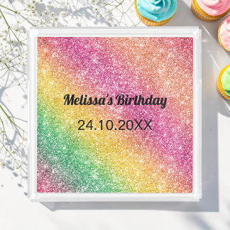 Pink Yellow Glitter Birthday Party Acrylic Tray