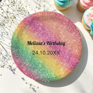 Pink Yellow Glitter Birthday Party Paper Plates