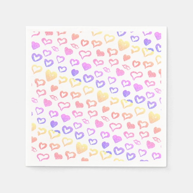 Pink Yellow Glitter Hearts and Lips Pattern Napkins (Front)