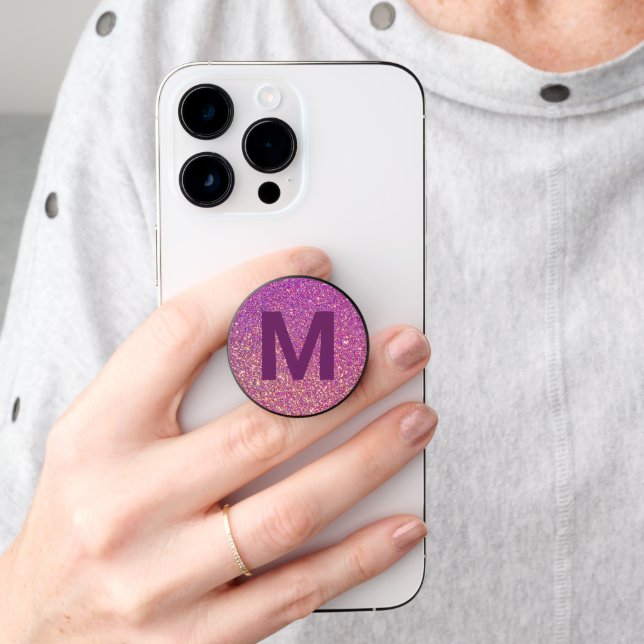 Pink Yellow Glitter Look and Monogram PopSocket (Hand)