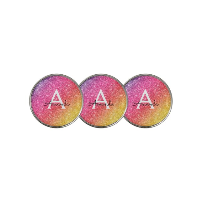 Pink Yellow Glitter Monogram Name Golf Ball Marker (3 Up)