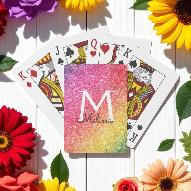 Pink Yellow Glitter Sparkle Gold Monogram Poker Cards (Creator Uploaded)