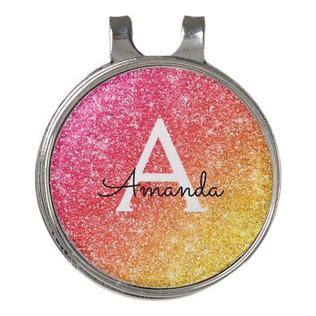 Pink Yellow Glitter Sparkle Golf Hat Clip (Front)