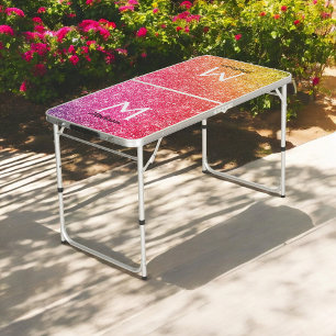 Pink Yellow Gold Glitter Name Initial Pong Table