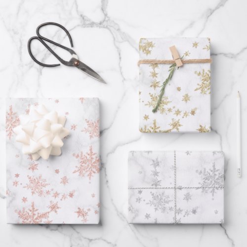 Pink Yellow Gold Silver Snowflakes White Marble Wrapping Paper Sheets