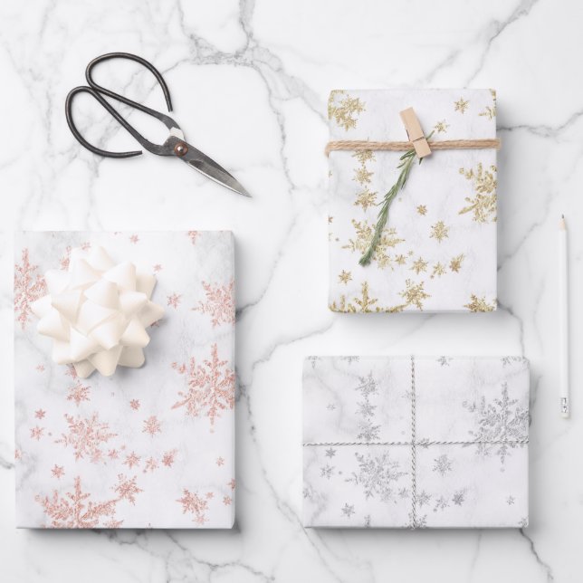 Pink Yellow Gold Silver Snowflakes White Marble Wrapping Paper Sheets (Front)