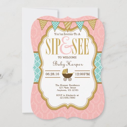 Pink Yellow Gold Sip And See Invitation