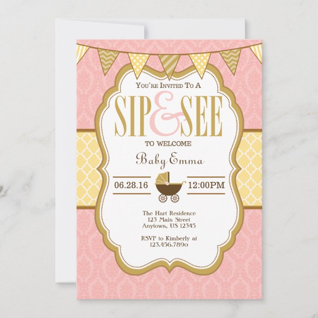 Pink Yellow Gold Sip And See Invitation (Front)