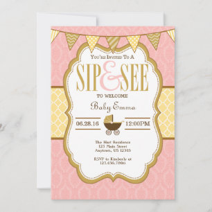 Pink Yellow Gold Sip And See Invitation