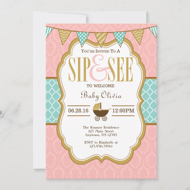 Pink Yellow Gold Sip And See Invitation (Front)
