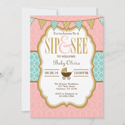 Pink Yellow Gold Sip And See Invitation