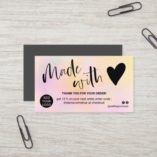 Pink yellow gradient thank you made with love business card