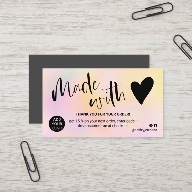 Pink yellow gradient thank you made with love business card (Front/Back In Situ)